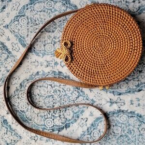 Round Woven Tan Crossbody Bag